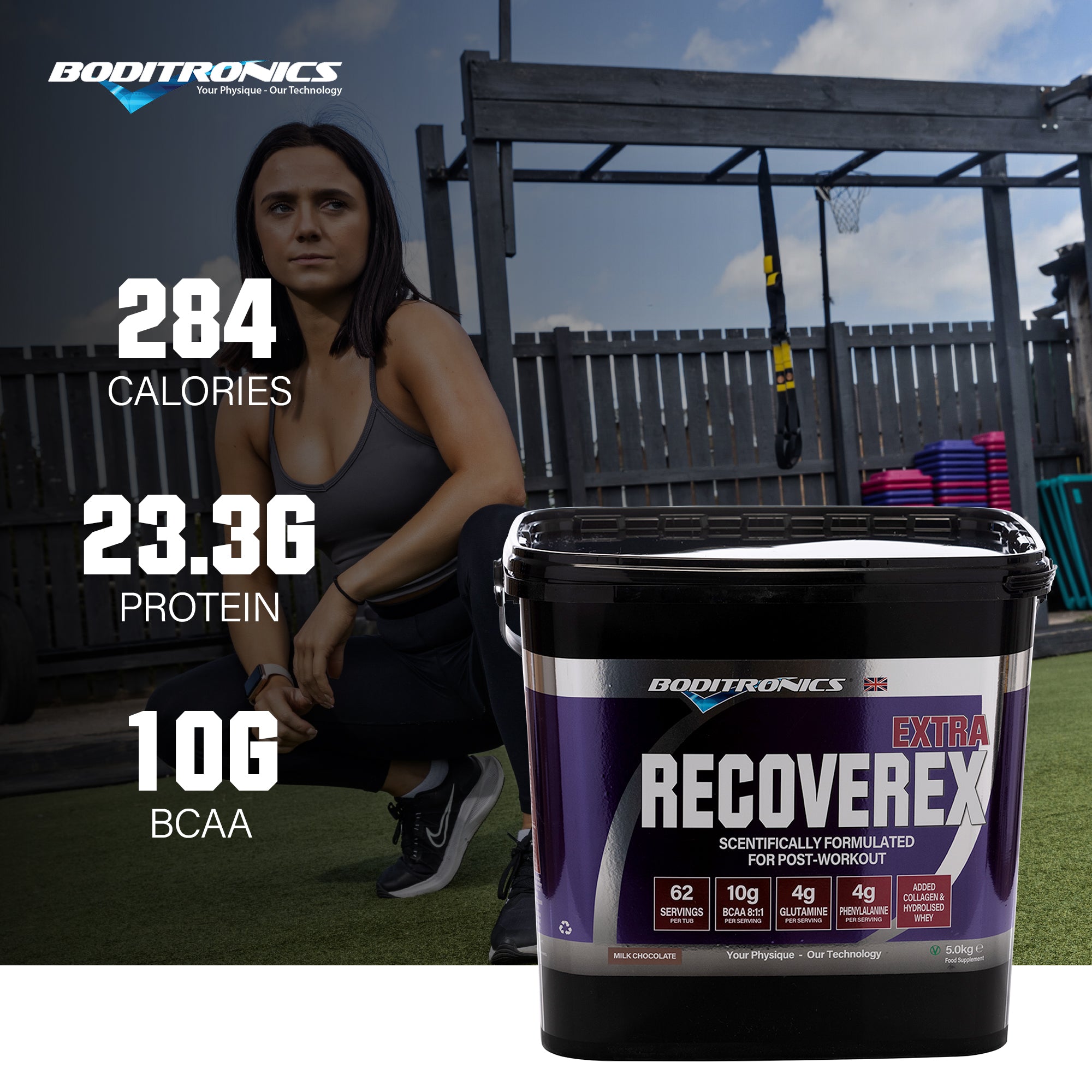 Boditronics Recoverex Extra post work out 5kg tub 284 calories 23.3g protein 10g BCAAs