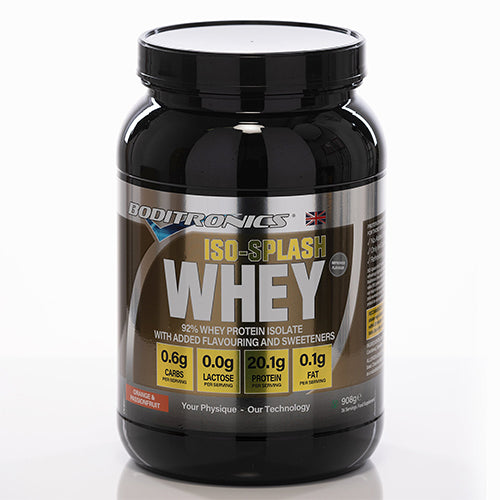 Boditronics Iso Splash Whey protein isolate 908g Orange and passionfruit front of tub