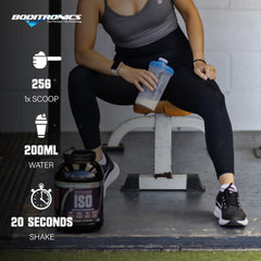 Boditronics Iso Express 100% Whey Isolate Athlete photo with shaker mixing instructions 25g one scoop 200ml water shake for 20 seconds