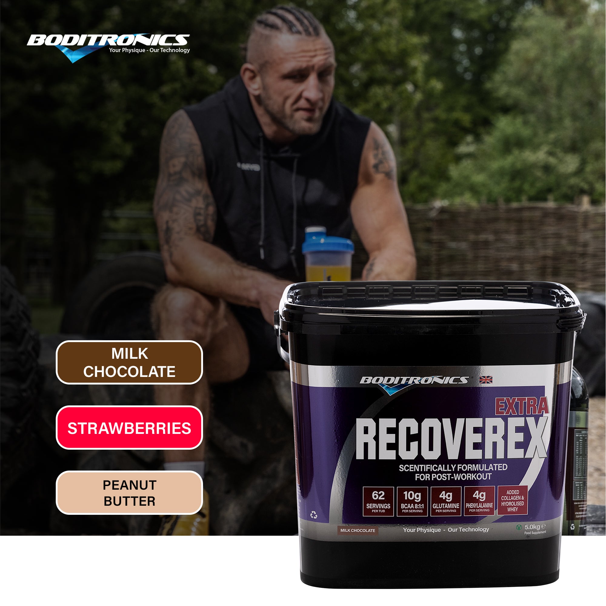 Boditronics Ambassador Anthony Recoverex Extra 5kg tub flavours Milk Chocolate Strawberries Peanut Butter