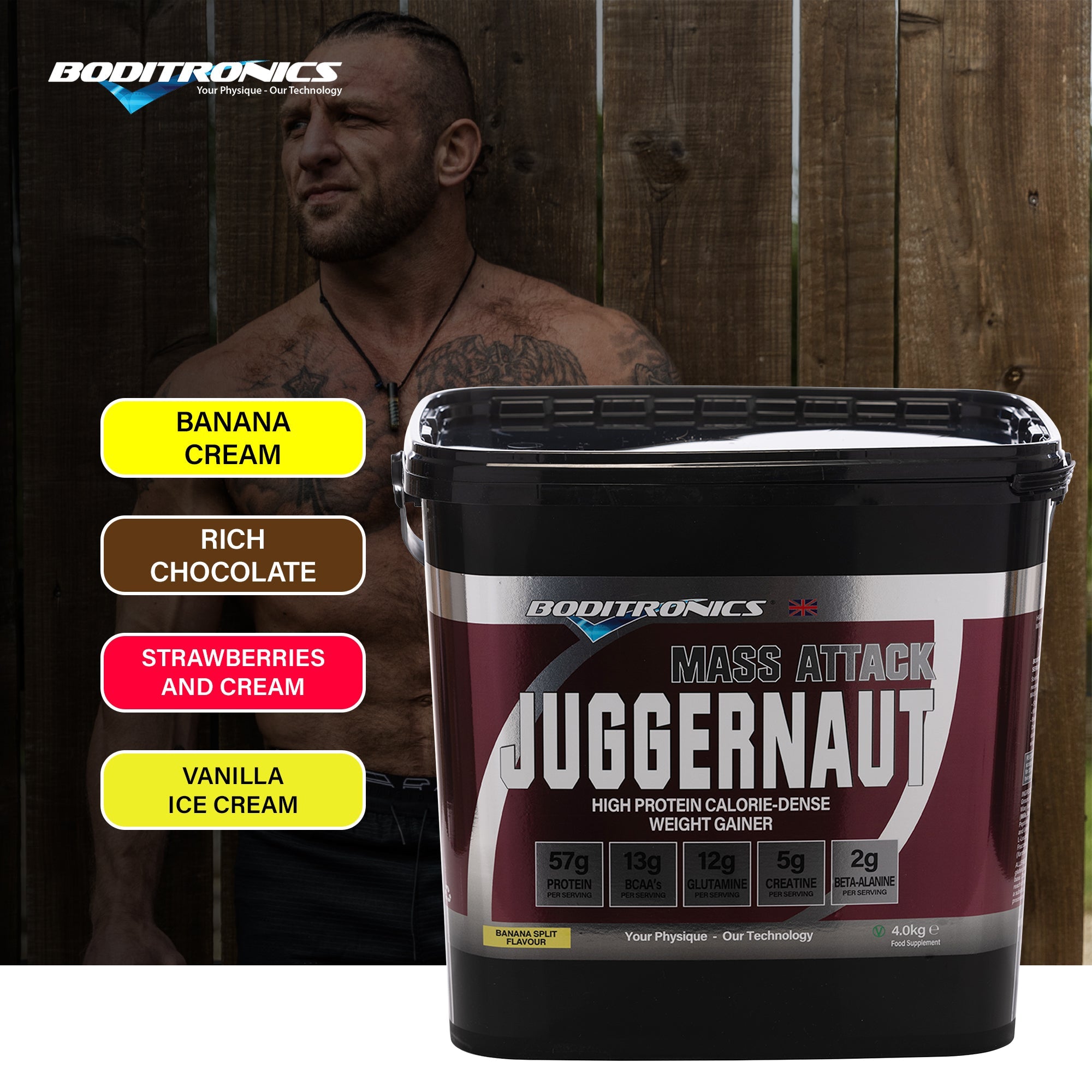 Boditronics Mass Attack Juggernaut Flavours Banana Cream Rich Chocolate Strawberries and Cream and Vanilla Ice Cream