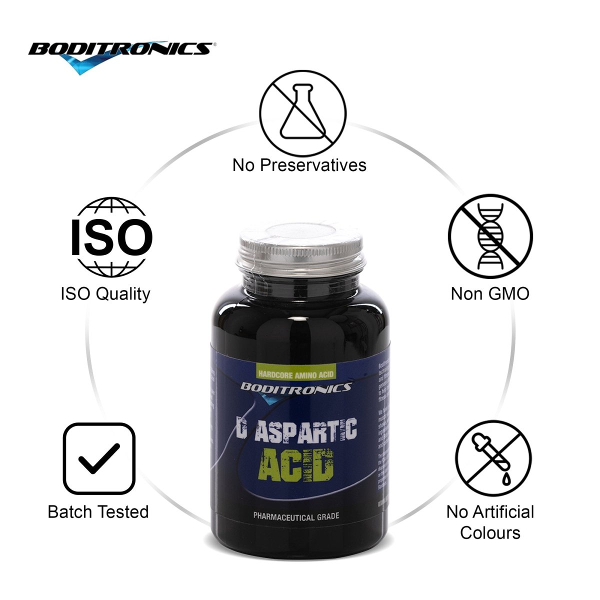 Boditronics D-Aspartic Acid 80 Tablets No Preservatives Non GMO No Artificial Colours Batch Tested ISO Quality