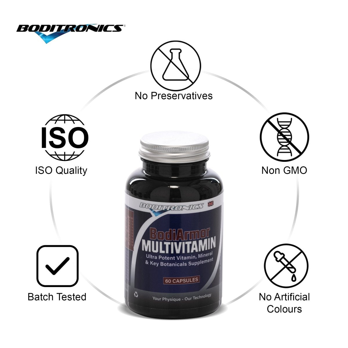 Boditronics Bodiarmor Multivitamin 60 Capsules No Preservatives Non GMO No Artificial Colours Batch Tested ISO Quality