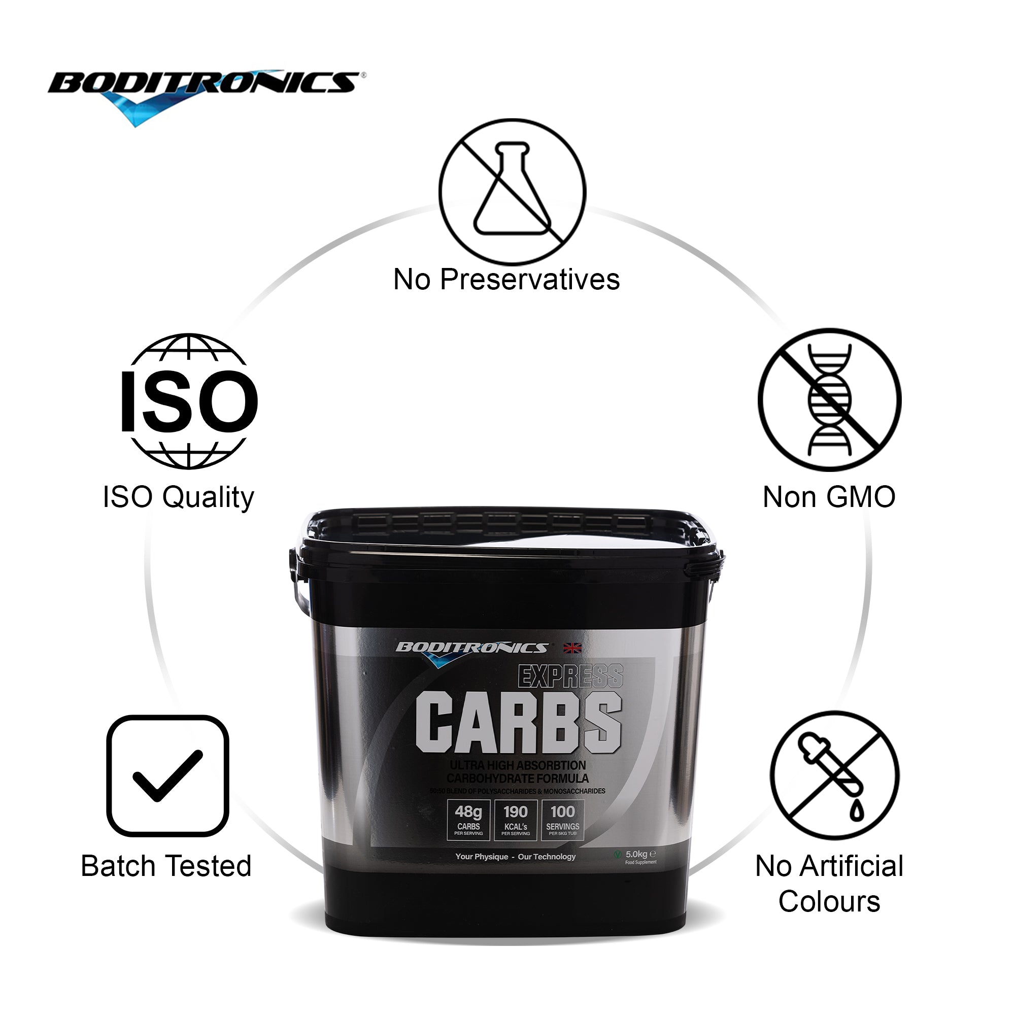 Boditronics Express Carbs 5kg tub No Preservatived Non GMO No Artificial Colours Batch Tested ISO Quality