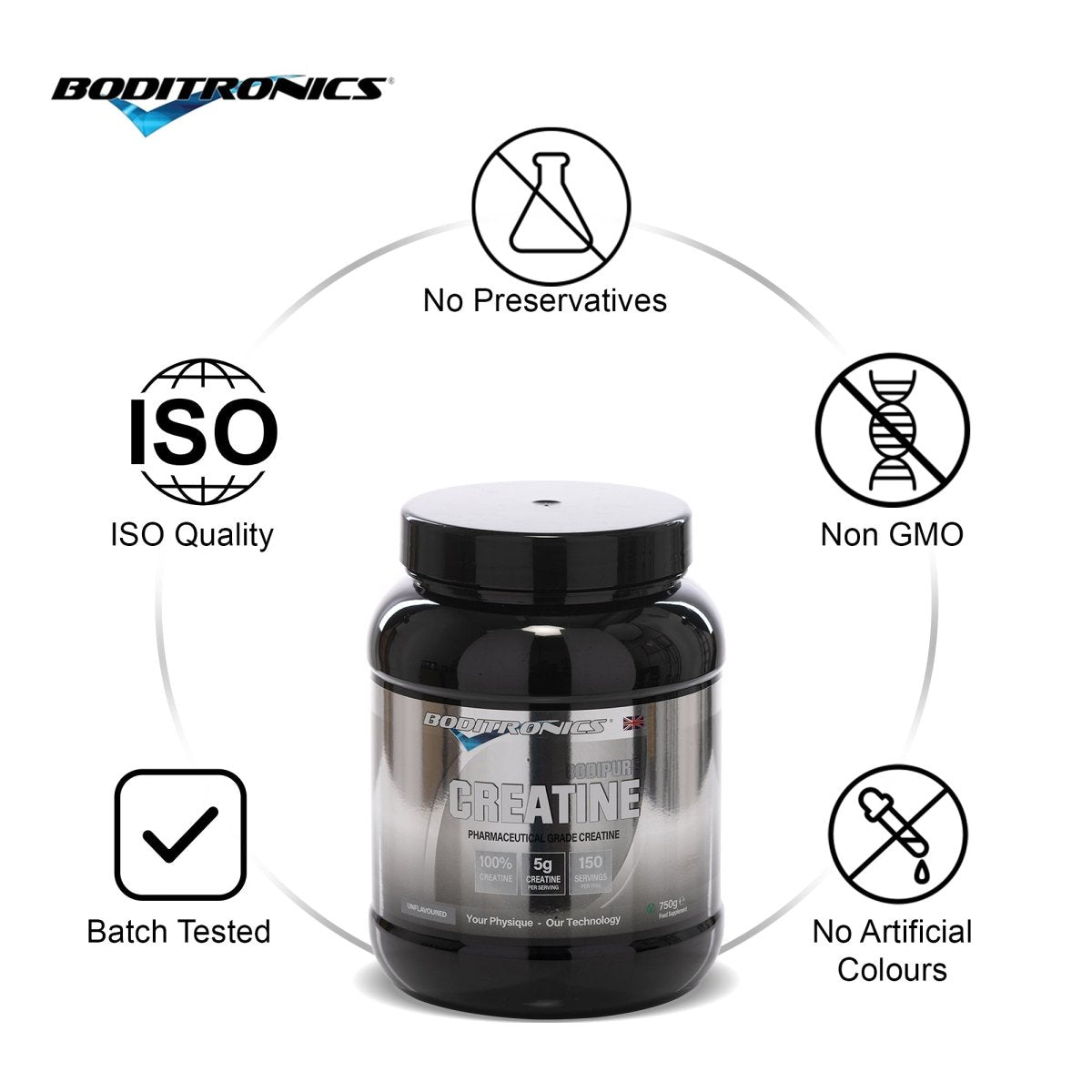 Boditronics Bodipure Creatine No Preservatives Non GMO No Artificial Colours Batch Tested ISO Quality