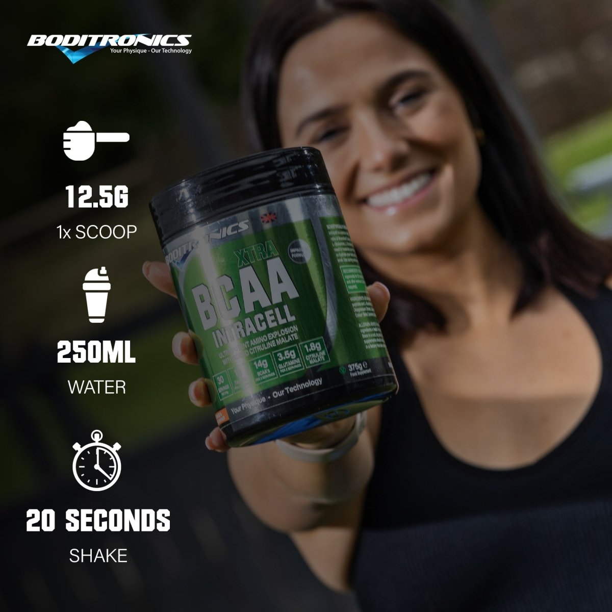 Boditronics BCAA Intracell Xtra Mixing instructions 1 scoop 12.5g add 250ml water and shake for 20 seconds
