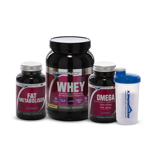 Boditronics Diet Whey 900g Banana Split Bundle With Fat Metaboliser Omega 3 and Shaker
