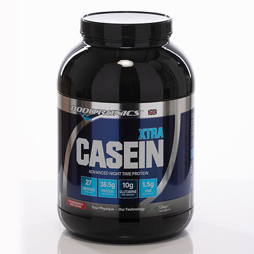 Boditronics Casein Xtra night time protein front of tub Strawberries and Cream