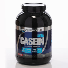 Boditronics Casein Xtra night time protein front of tub Strawberries and Cream