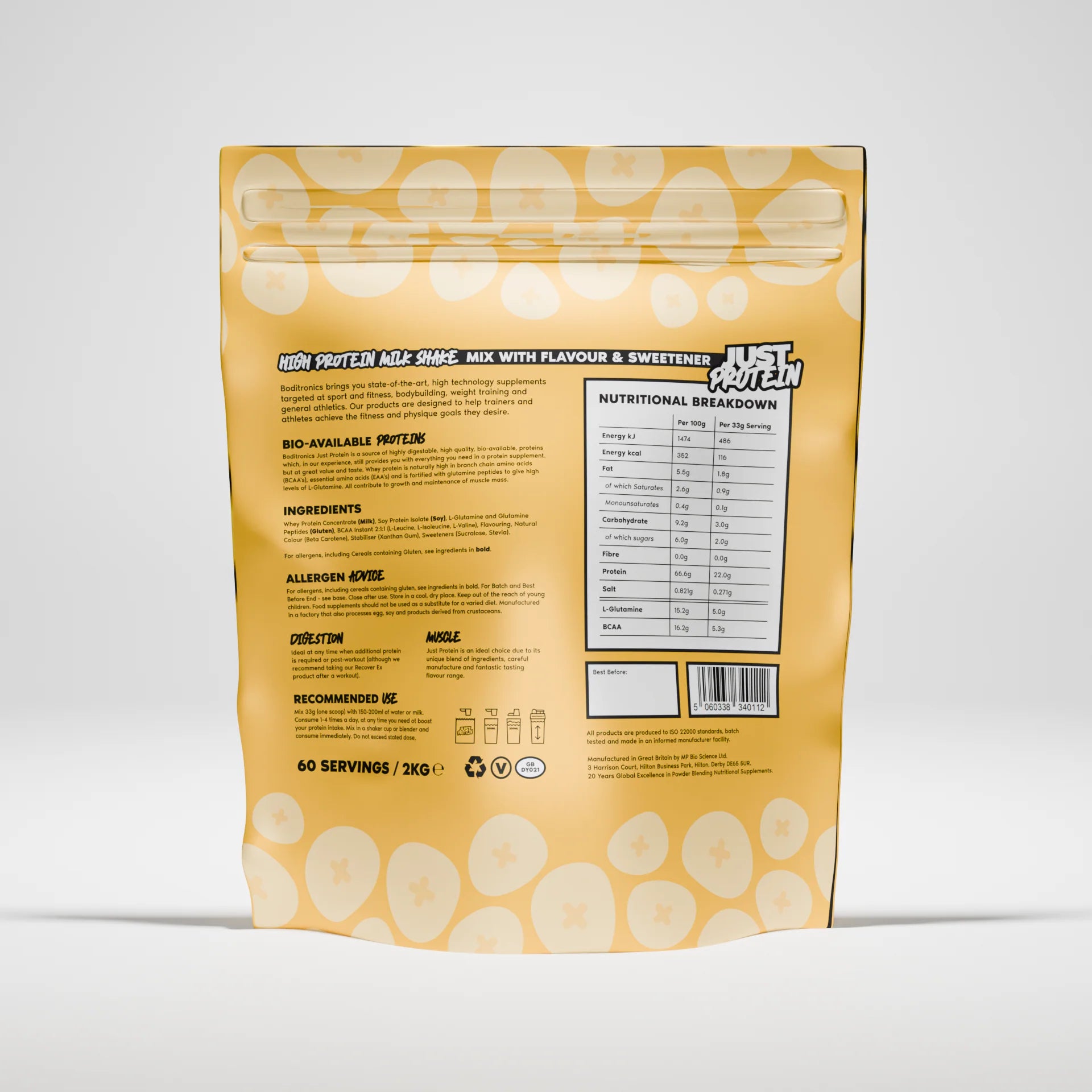 Boditronics Just Protein Banana Split 2kg back of pouch Nutritional Breakdown