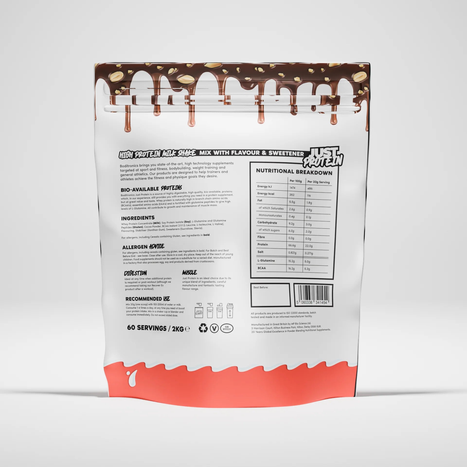 Boditronics Just Protein Choco Buono 2kg back of pouch Nutritional Breakdown