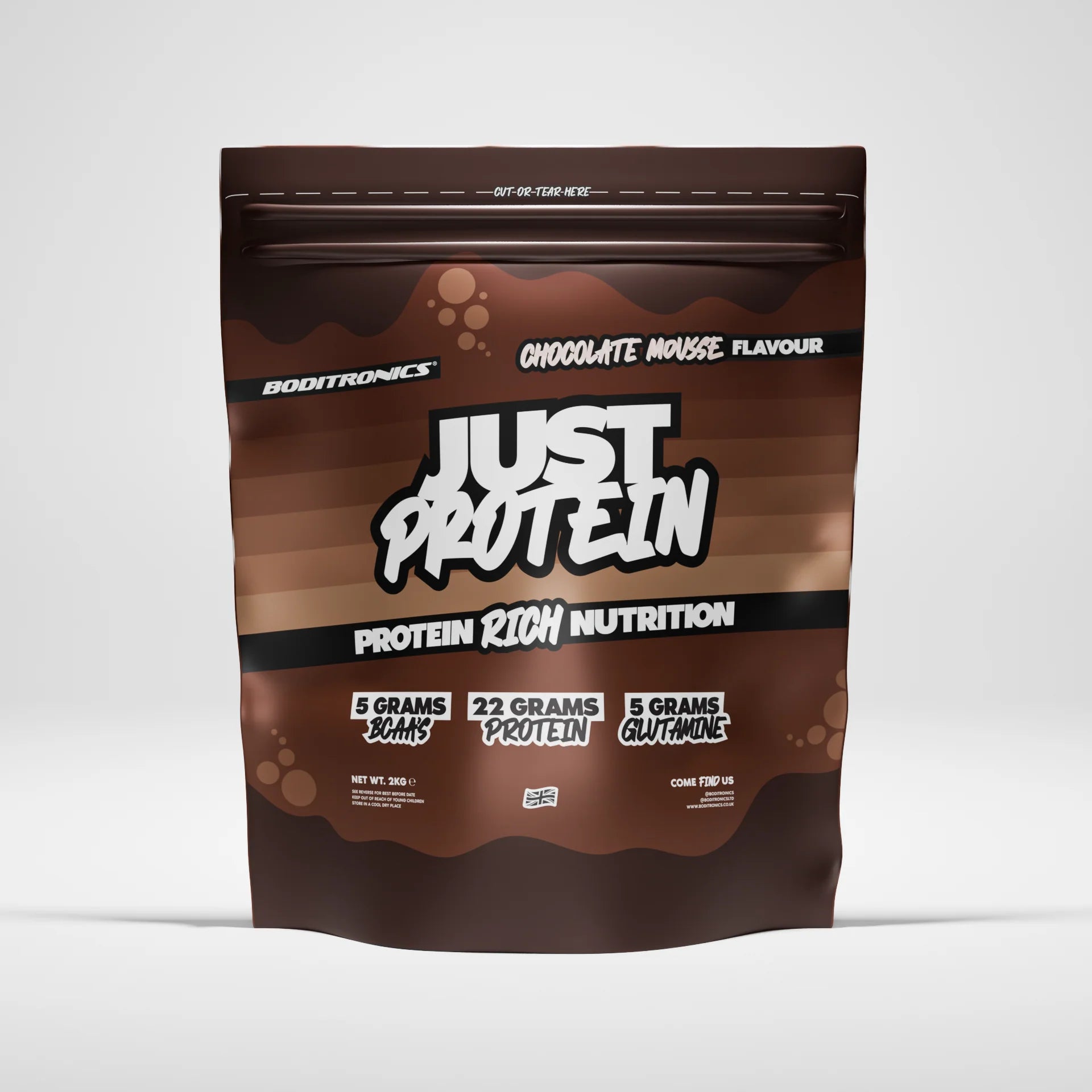 Boditronics Just Protein Chocolate Mousse 2kg front of pouch