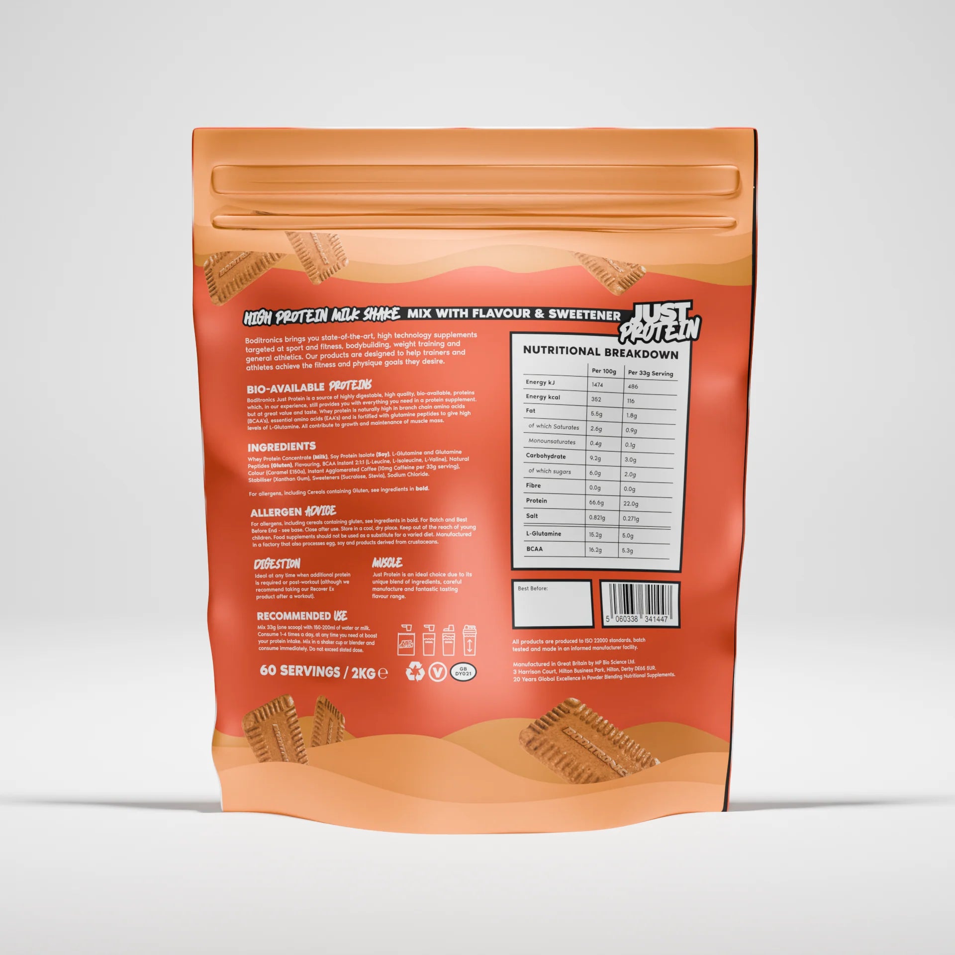 Boditronics Just Protein 2kg Dunkin' Biscuits back of pouch