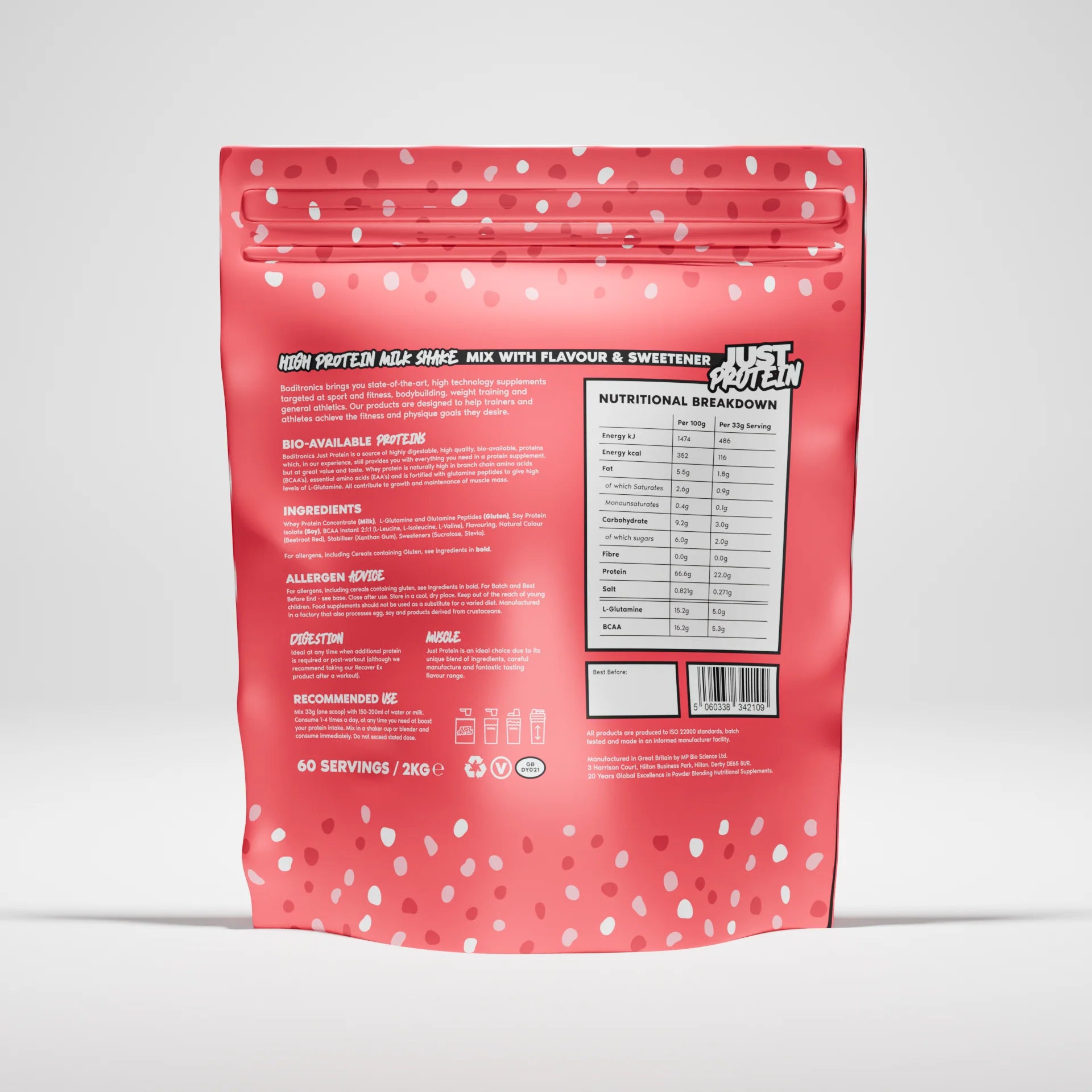 Boditronics Just Protein Strawberry Milkshake front of pouch