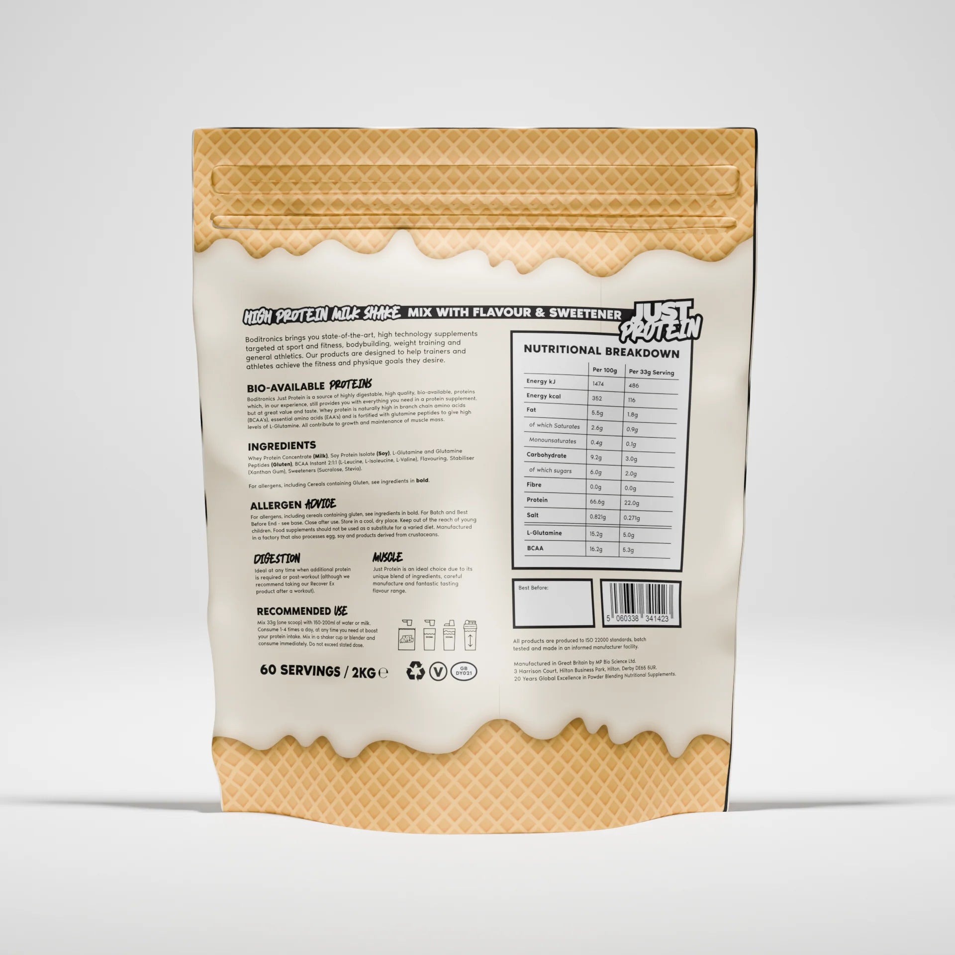 Boditronics Just Protein Vanilla 2kg Back Of Pouch