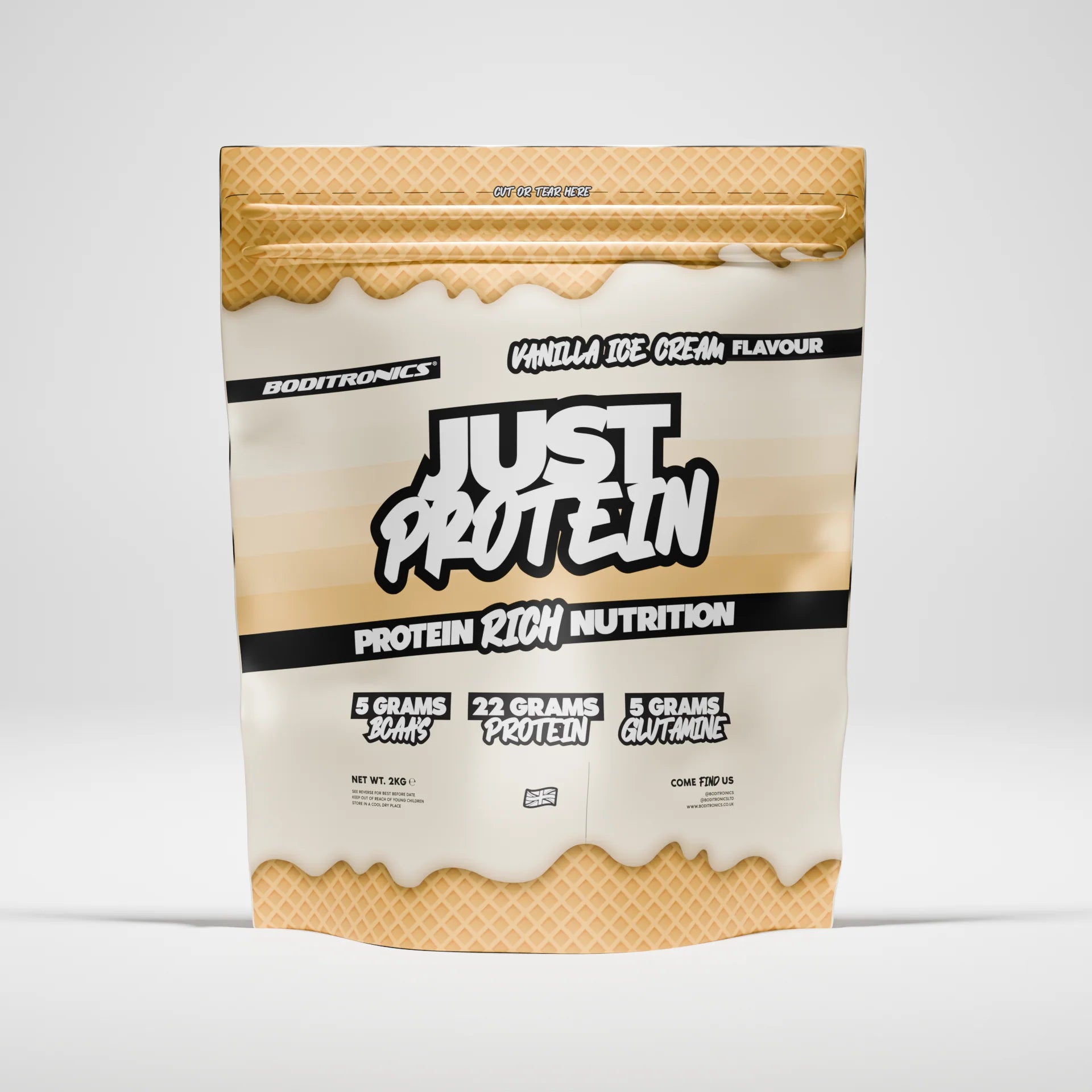 Boditronics Just Protein Vanilla Ice Cream 2kg front of pouch