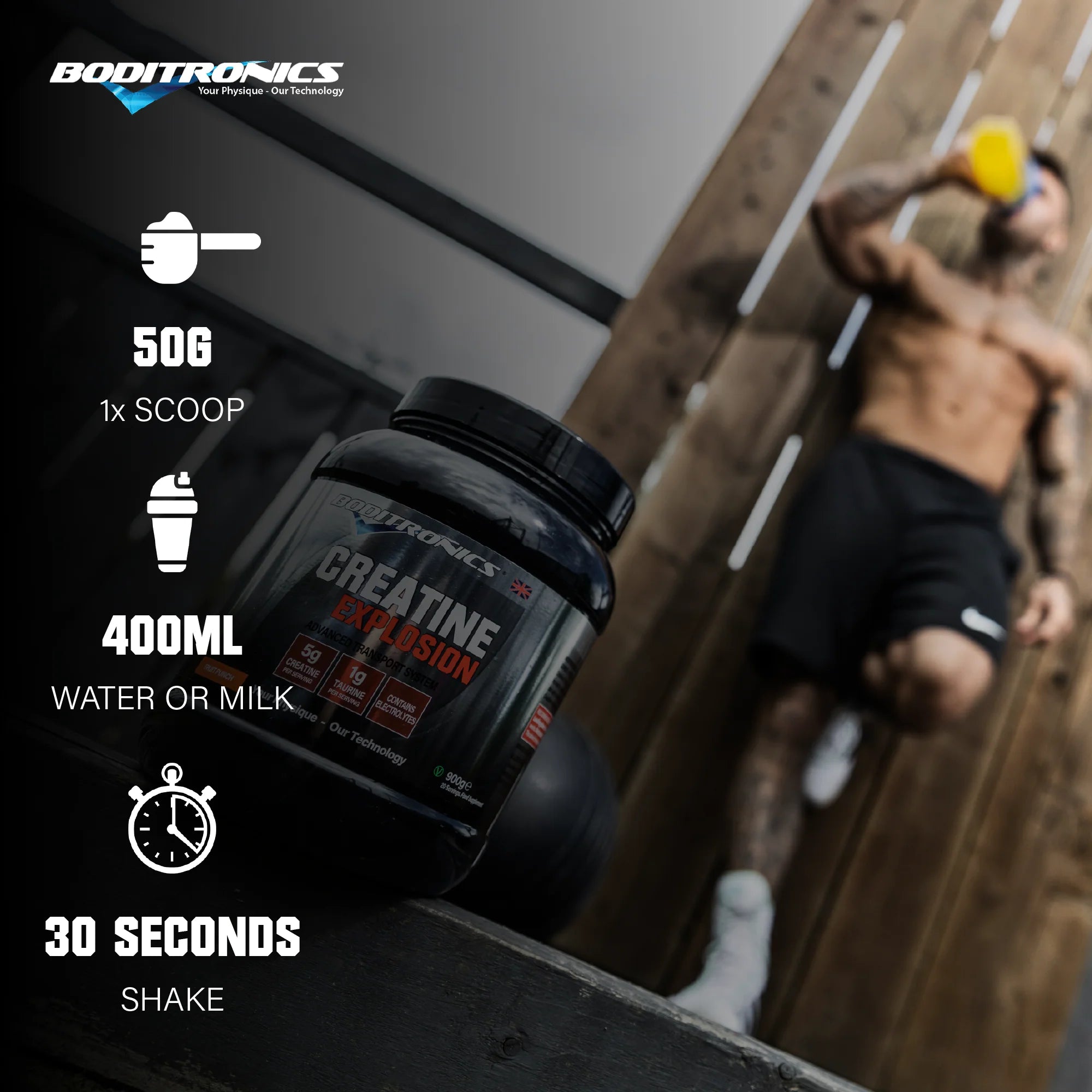 Boditronics Creatine Explosion 900g Mixing Instructions 50g scoop 400ml water 30 seconds shake