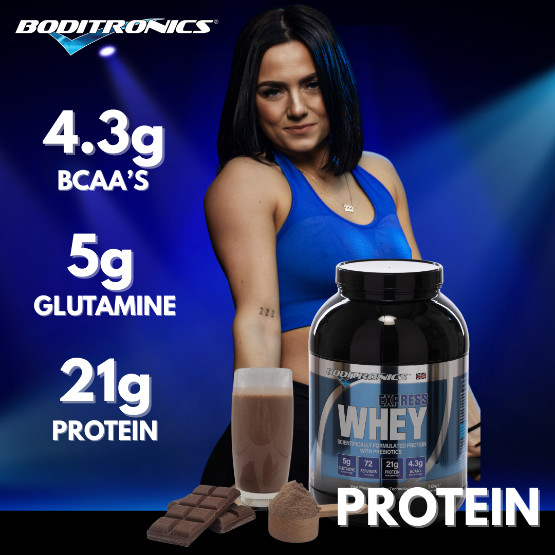 Boditronics Express Whey 4.3g BCAAs 5g Glutamine 21g Protein Chelsy Ambassador