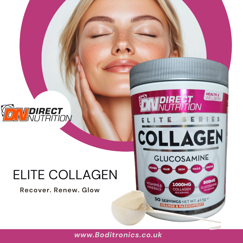 Direct Nutrition Elite Collagen supplement with a woman's face in the background