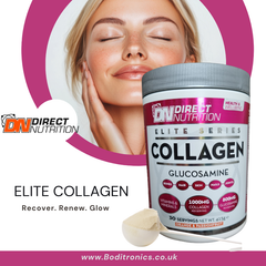 Direct Nutrition Elite Collagen supplement with a woman's face in the background