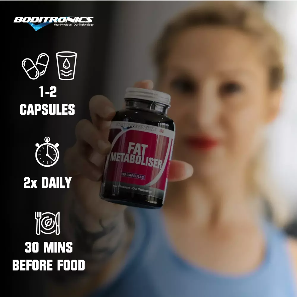 Boditronics Fat Metabolisers being held up by Ambassador Frankie 1 or 2 capsules twice daily 30 minutes before food
