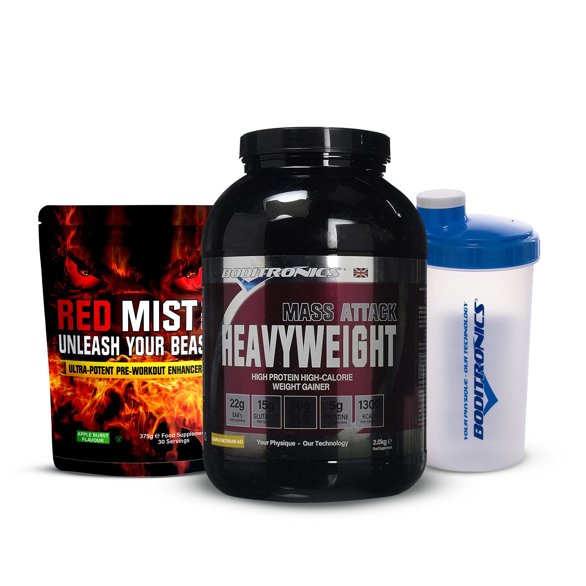 Boditronics Mass Attack Heavyweight Gingerbread Bundle With Shaker and Red Mist Pouch