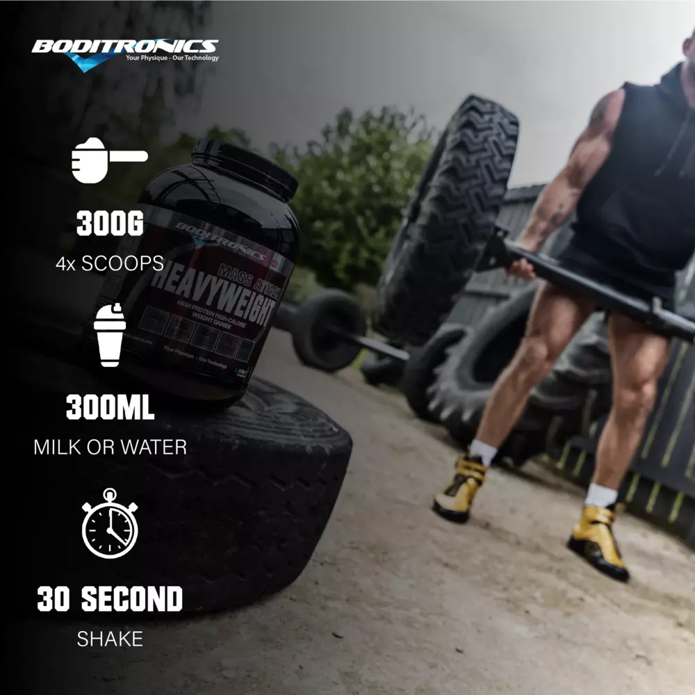 Boditronics Mass Attack Heavyweight mixing instructions 300g 4 scoops with 300ml or milk or water shake for 30 seconds