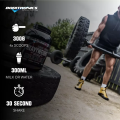 Boditronics Mass Attack Heavyweight mixing instructions 300g 4 scoops with 300ml or milk or water shake for 30 seconds
