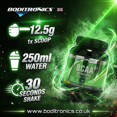 A vibrant, dark green marketing graphic featuring preparation instructions for Boditronics XTRA BCAA Intracell. On the right, a large black supplement tub with a green and silver label is surrounded by intense green lightning and smoke-like effects. On the left, three preparation step callouts are shown with glowing white and green text and icons: a scoop icon with "12.5g 1x SCOOP", a shaker bottle icon with "250ml WATER", and a timer icon with "30 SECONDS SHAKE". The metallic "BODITRONICS" logo with a UK
