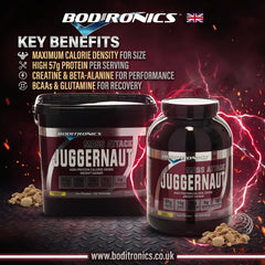 Two BODIRONICS Juggernaut high protein calorie dense weight gainers containers, a tub and a jar, displayed on a dark textured background with lightning and embers. Key benefits text is shown on the left, and the website bodironics.