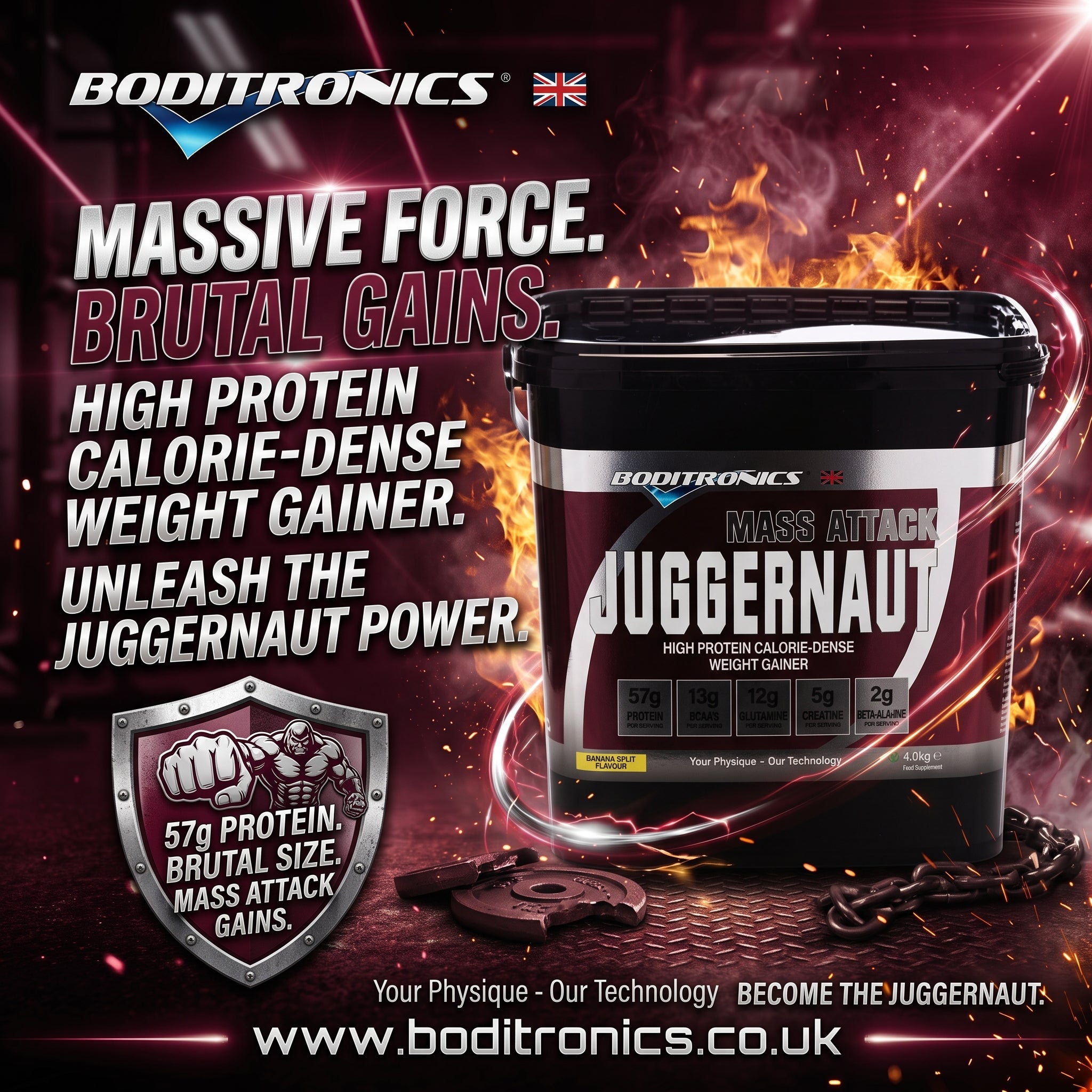 A promotional product graphic for a tub of Boditronics Juggernaut high protein calorie-dense weight gainer powder. The black tub is shown prominently on the right, with fiery effects and text on the left describing the product as 'Massive Force.