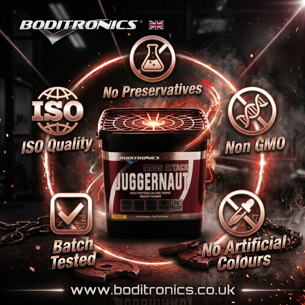A tub of Boditronics Juggernaut Mass Attack heavy metal coloring grade powder is centered in a dark promotional graphic with glowing orange rings and text badges reading 'No Preservatives,' 'ISO Quality,' 'Non GMO,' 'Batch Tested,' and 'No Artificial Colours.'.