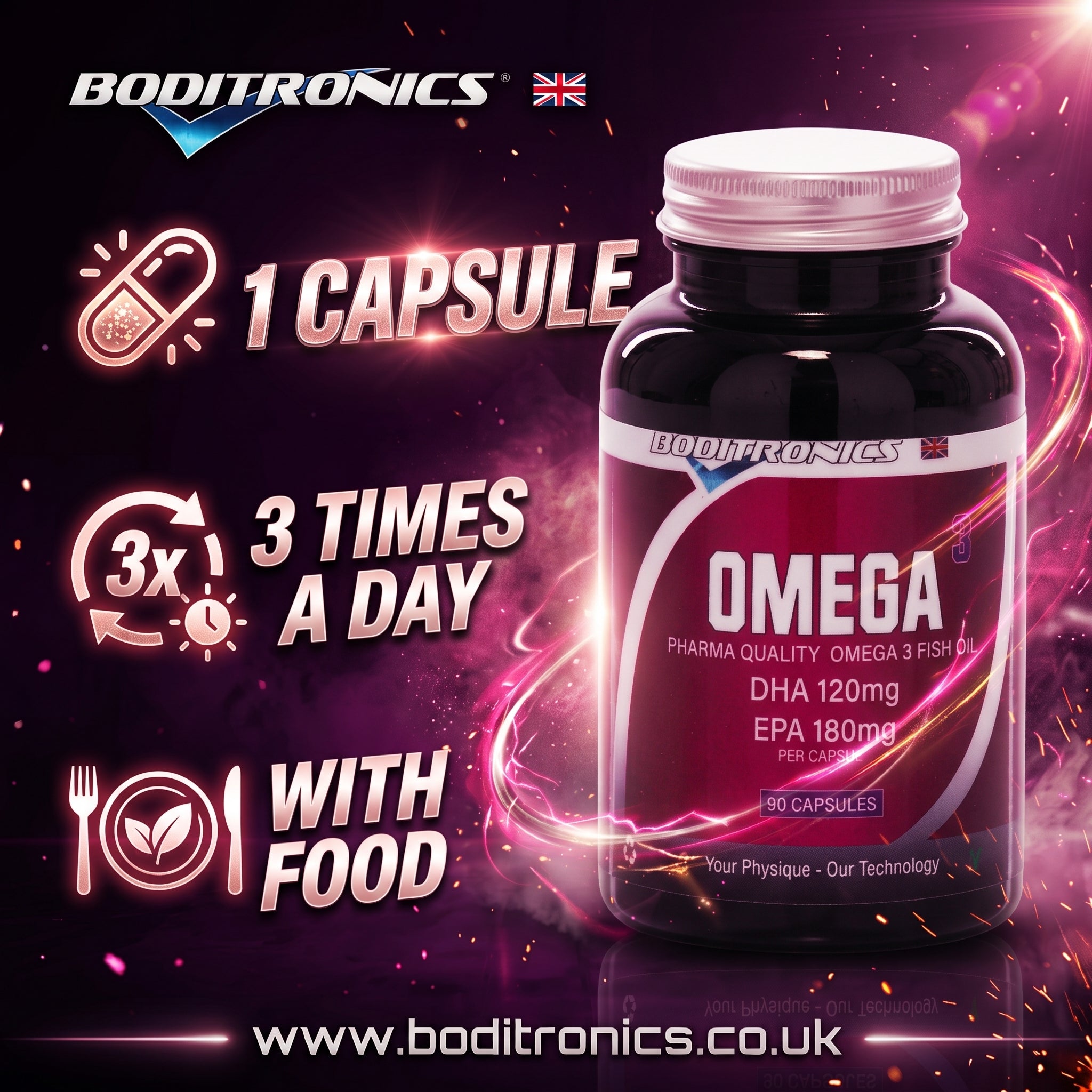 A dramatic, high-energy promotional image for Boditronics Omega 3 Fish Oil against a dark purple and pink cosmic background with electric light swirls and sparks. On the right is a realistic maroon and black "Omega 3 Fish Oil" bottle with a silver cap. On the left, dosage instructions are listed with glowing pink and white 3D text and icons: "1 CAPSULE" with a pill icon, "3 TIMES A DAY" with a 3x circular timer/clock icon, and "WITH FOOD" with a plate, fork, and knife icon. The "BODITRONICS" logo with a UK