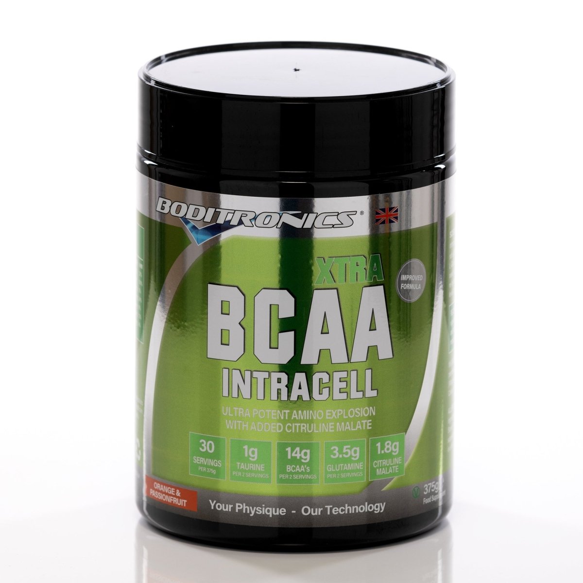 Boditronics BCAA Intracell 375g Orange and passionfruit front of tub
