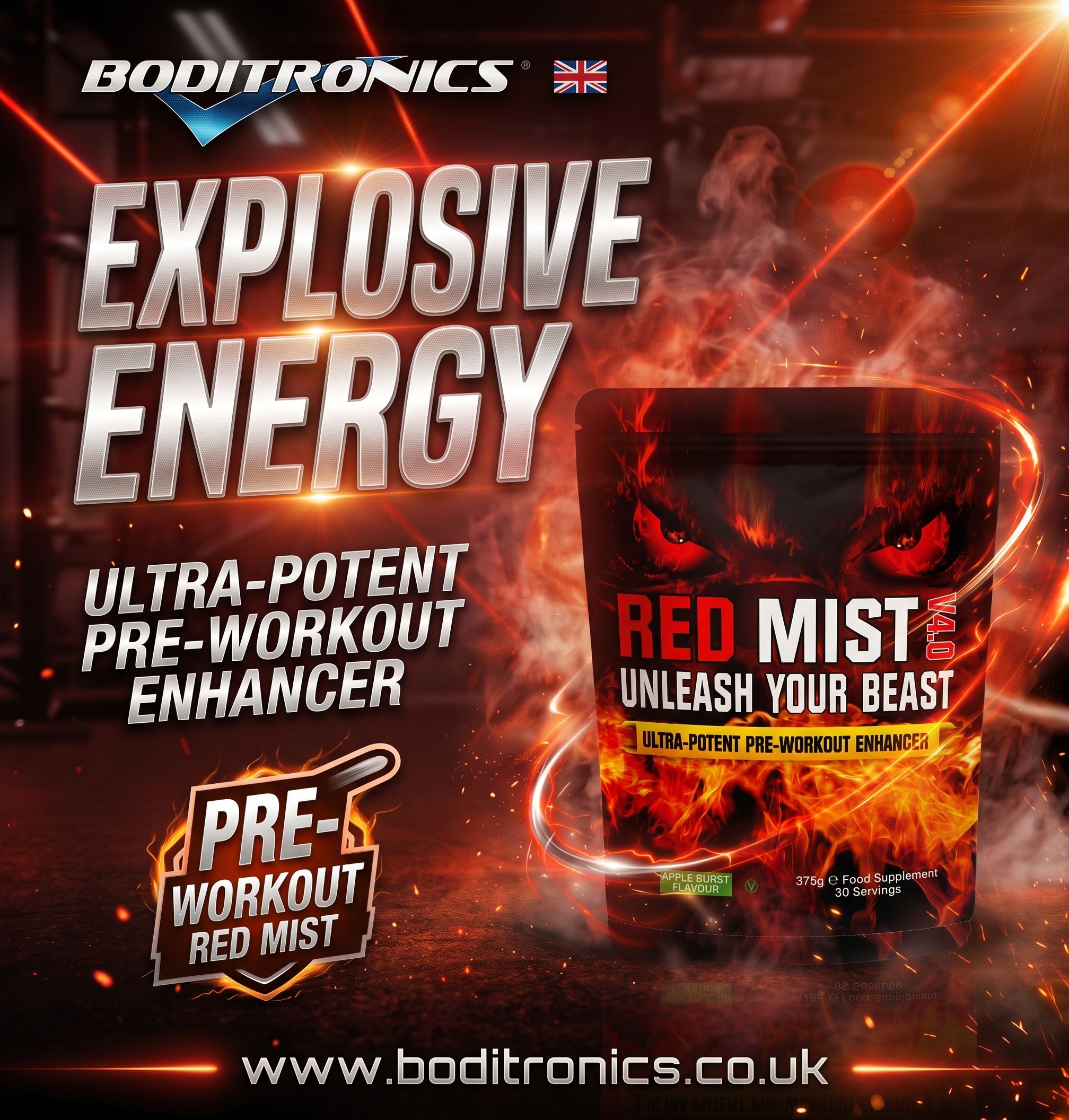 Promotional graphic for Boditronics Red Mist Pre-Workout in a black stand-up pouch with fiery red and orange flame graphics. Large text reads 'EXPLOSIVE ENERGY' and 'ULTRA-POTENT PRE-WORKOUT ENHANCER,' with the Boditronics brand name at the top and the website boditronics.