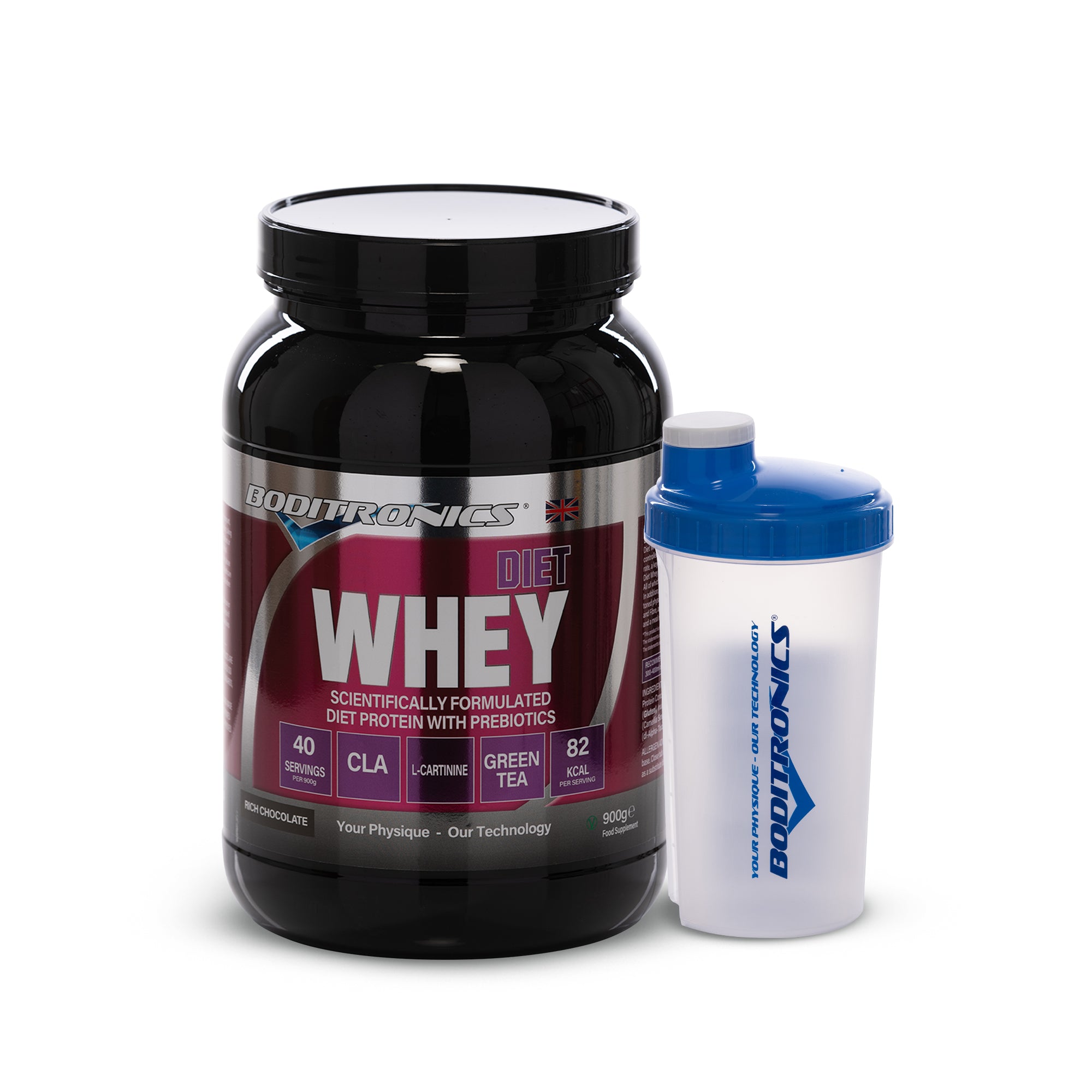 Boditronics Diet Whey Rich Chocolate 900g With Shaker Bottle Bundle