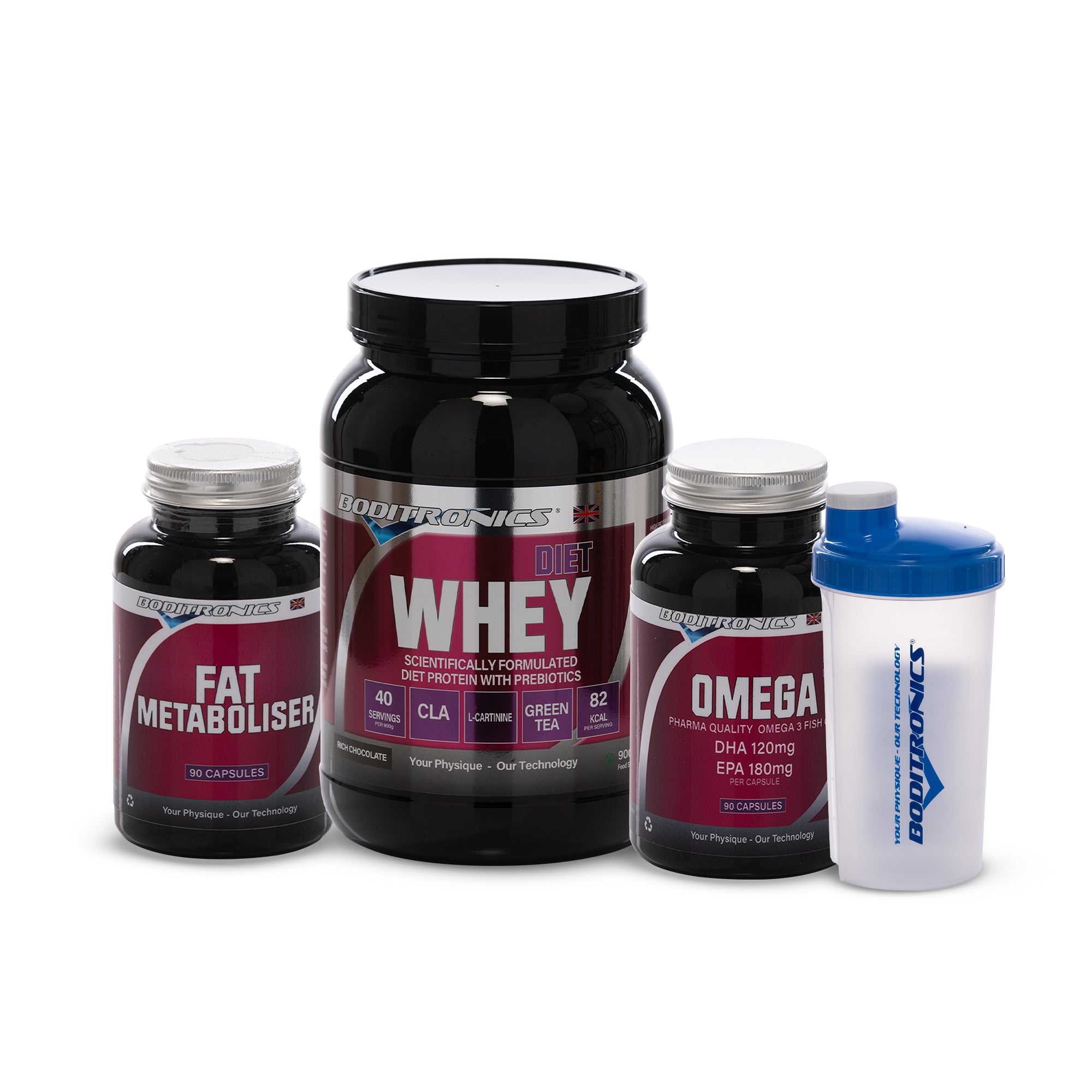 Boditronics Diet Whey Rich Chocolate Bundle With Fat Metaboliser Omega 3 and Shaker