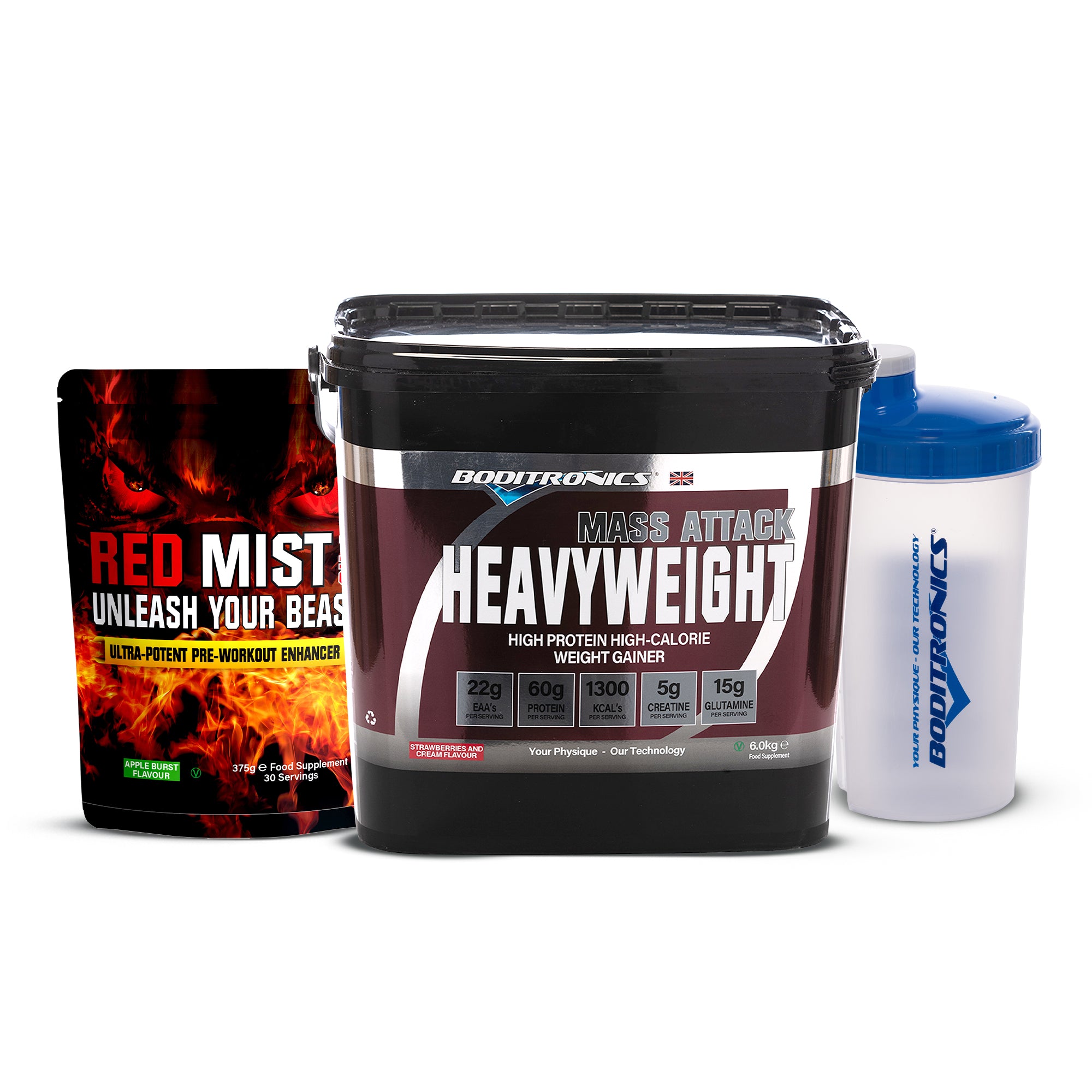 Boditronics Mass Attack Heavyweight Strawberries and Cream 6kg With Red Mist 375g Pouch Apple Burst and Shaker