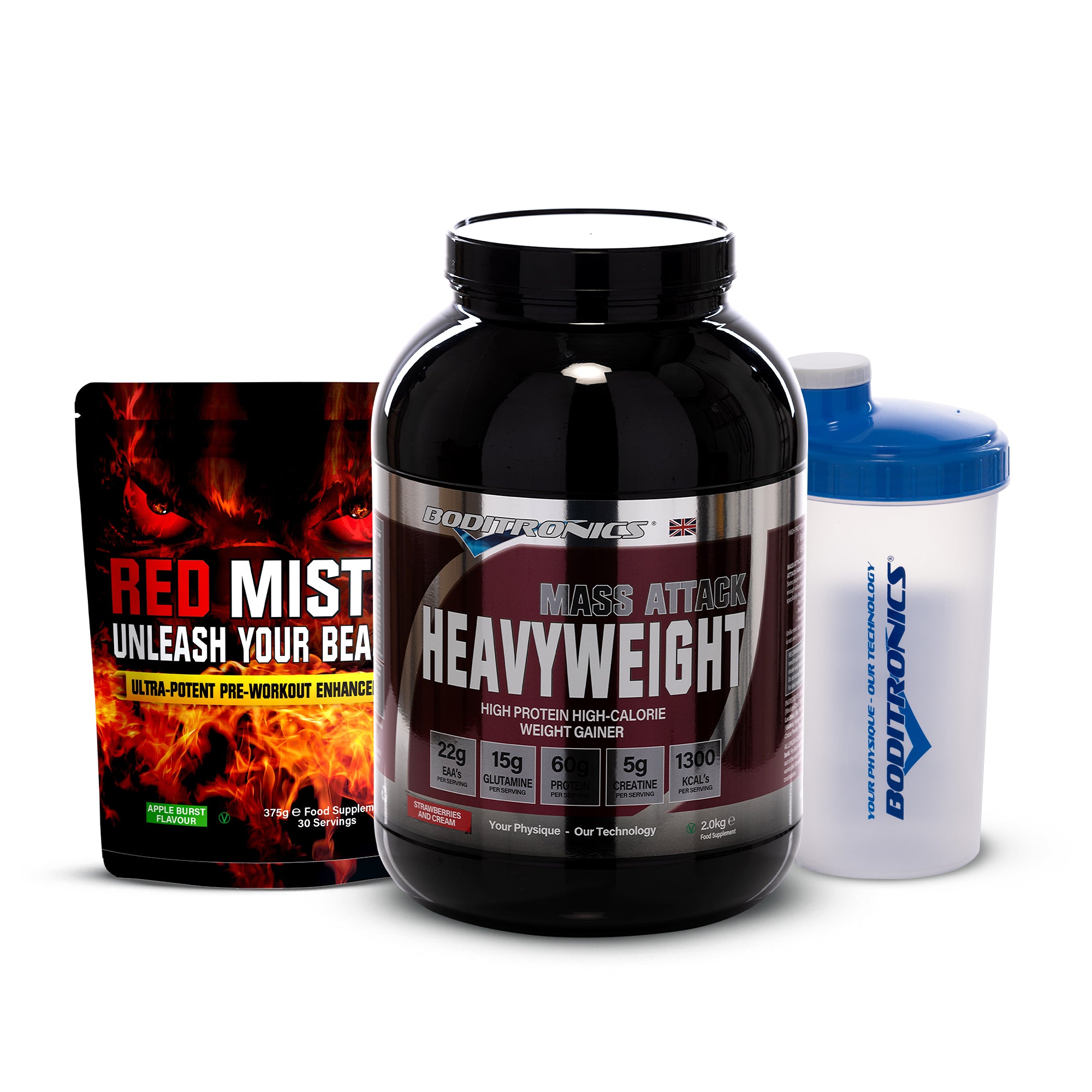 Boditronics Mass Attack Heavyweight Strawberries and Cream 2kg Bundle with Red Mist and Shaker