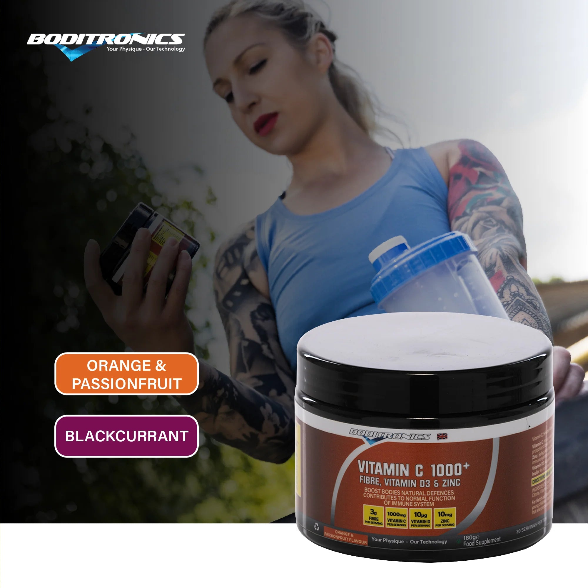 Boditronics Vitamin C 1000+ Flavours Orange and Passionfruit Blackcurrant