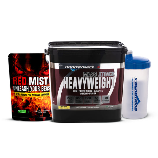 Boditronics Mass Attack Heavyweight Vanilla Cream Flavour With Red Mist 375g Pouch Apple Burst and Shaker