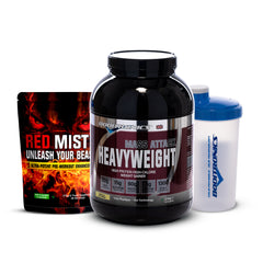 Boditronics Mass Attack Heavyweight Vanilla Ice Cream 2kg black tub, Red Red Mist Pre workout Apple Burst flavour and Boditronics Shaker