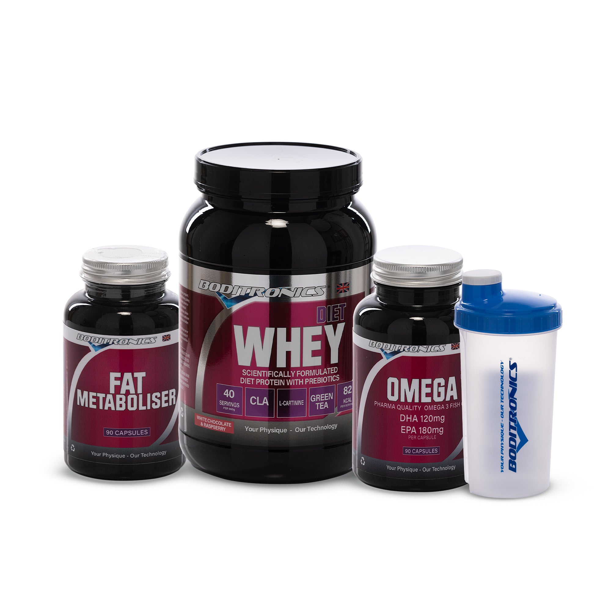Boditronics Diet Whey Bundle with Fat Metaboliser Omega 3 and Shaker