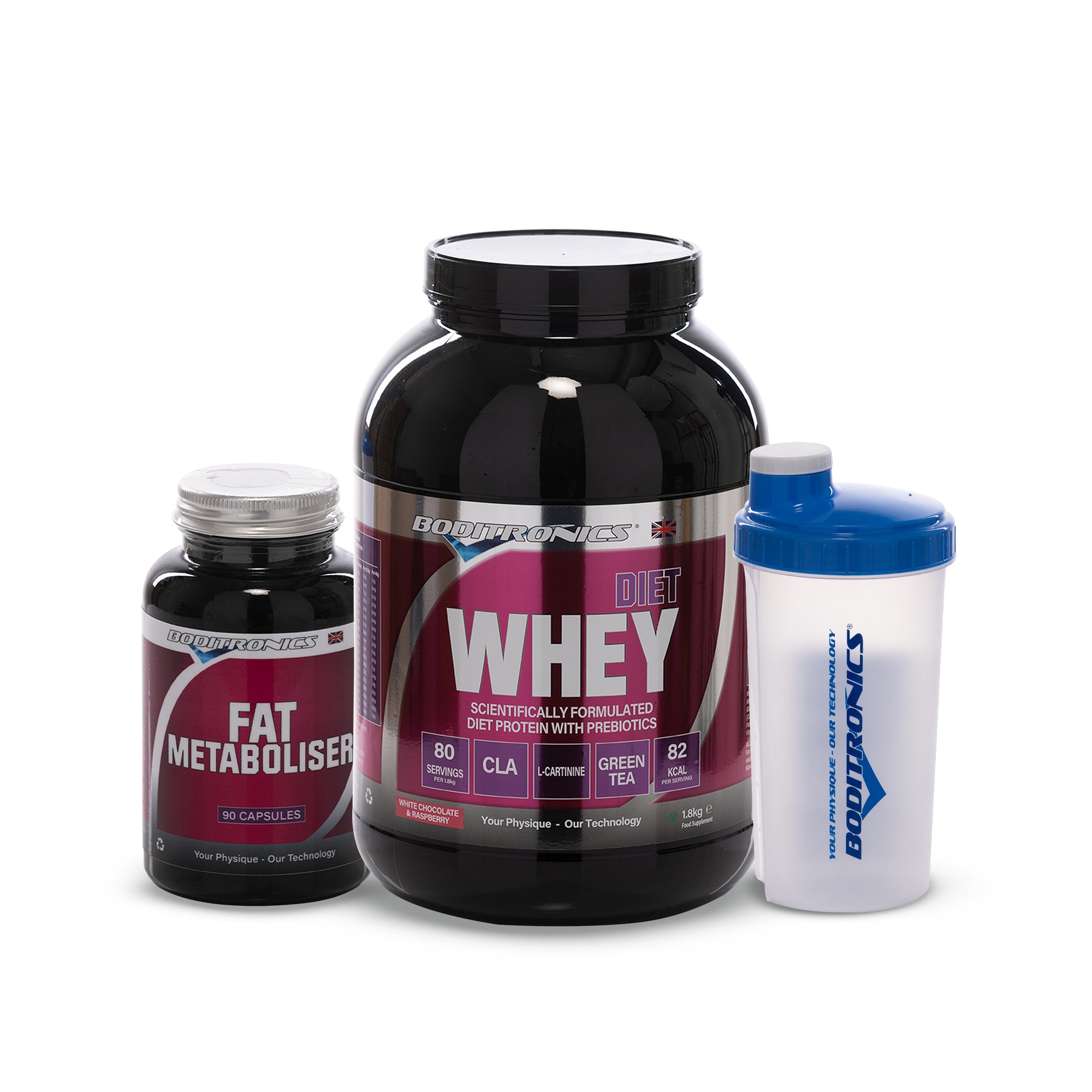 Boditronics Bundle Diet Whey 1.8kg White Chocolate and Raspberry Fat Metaboliser and Shaker