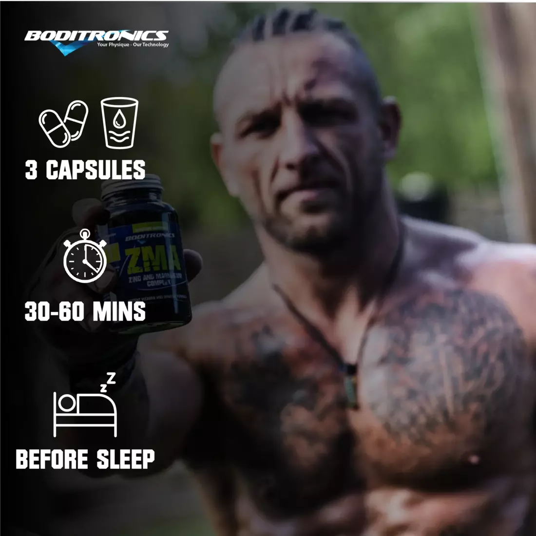 Boditronics ZMA Zinc and Magnesium Complex Capsules instructions 3 capsules 30-60 mins before sleep