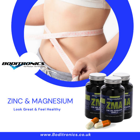 Boditronics ZMA supplement bottles with a person measuring waistline, promoting health and fitness.