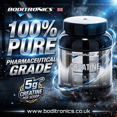 A promotional graphic for Boditronics Creatine emphasizing its purity. Large text on the left declares it is "100% Pure Pharmaceutical Grade" alongside a shield icon stating "5g Creatine Per Scoop". The product tub is featured on the right, with the website www.boditronics.co.uk at the bottom.