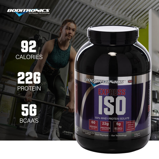 Boditronics Iso Express whey protein isolate 1.5kg tub showing nutrition per serving of 92 calories 22g protein 5g BCAAs 