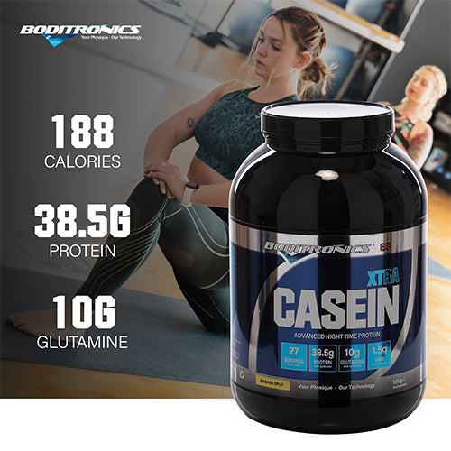 Boditronics Casein Xtra advanced night time protein 1.5kg tub 188 calories 38.5g protein 10g glutamine