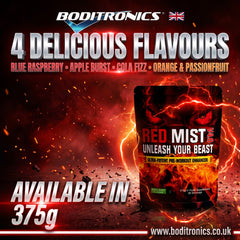 A high-energy promotional graphic for Boditronics Red Mist V4.0 pre-workout on a dark red and orange fiery background with sparks and lightning. On the right sits a 375g "Red Mist Unleash Your Beast" black sachet with a fierce red-eyed beast design. Metallic-silver 3D text at the top reads "4 DELICIOUS FLAVOURS," listing "BLUE RASPBERRY • APPLE BURST • COLA FIZZ • ORANGE & PASSIONFRUIT." Large 3D text at the bottom-left reads "AVAILABLE IN 375g.